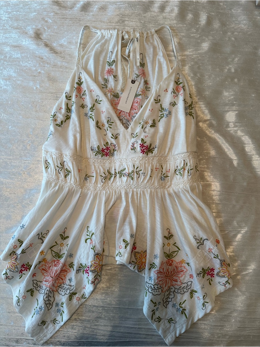 Anthropologie Embroidered Handkerchief Hem Tank
